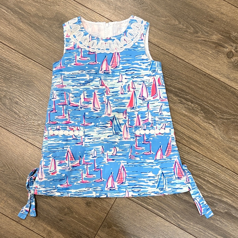 Girls Sailboat Print Lilly Pulitzer Shift Dress with Lace Collar - Blue & Pink
